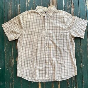 White and brown plaid button-up shirt
